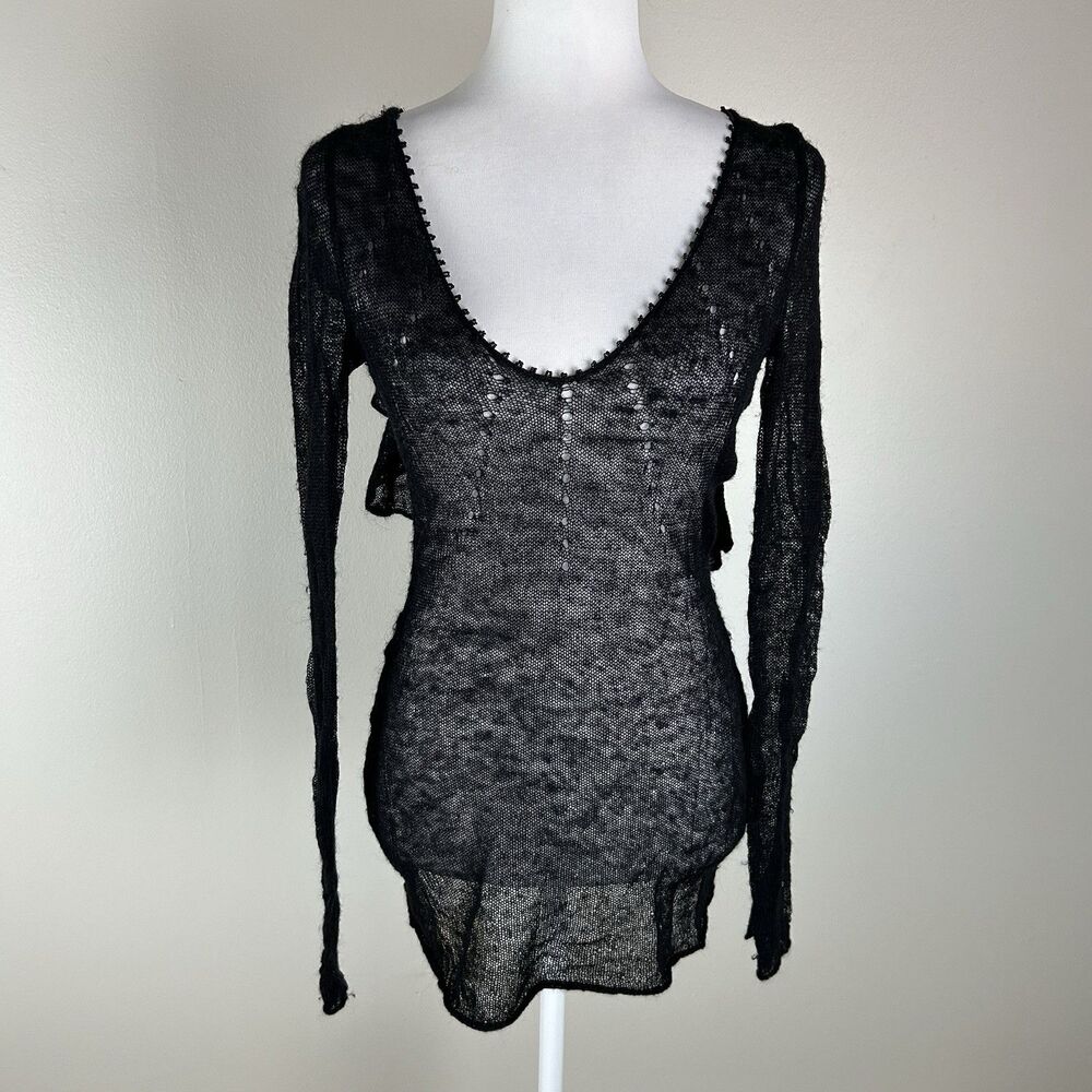 Black Mesh Sweater Ruffle Back Whimsigoth Small Mohair Wool V-neck Beaded